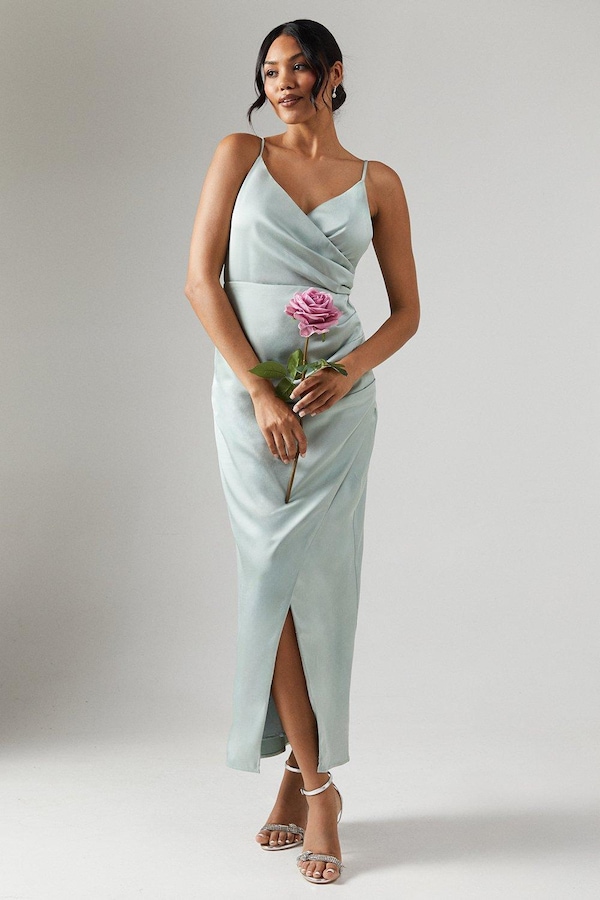 Oasis Petite Ruche Side Strappy Satin Maxi Bridesmaid Dress Sage