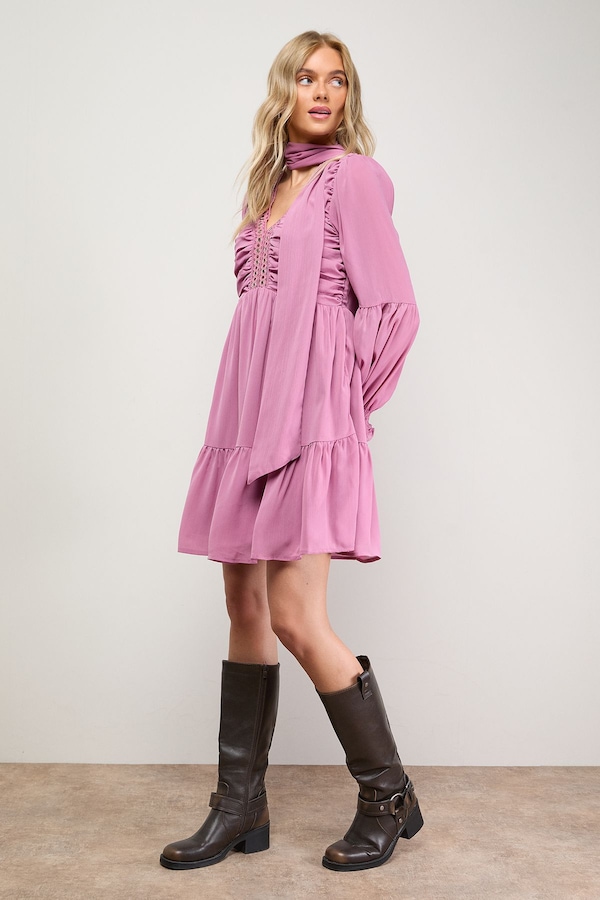 Oasis Ruched Bow Tie Mini Dress With Stud Trim Rose