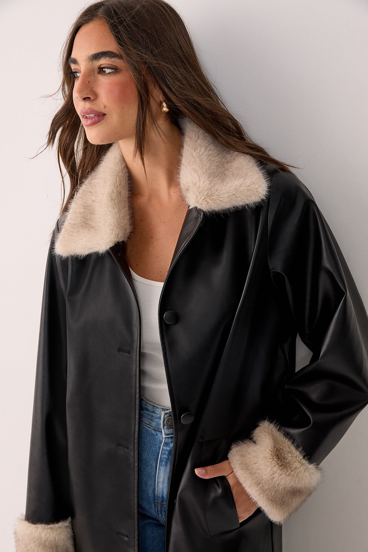 NastyGal Fur Trim Faux Leather Longline Coat Black image 2