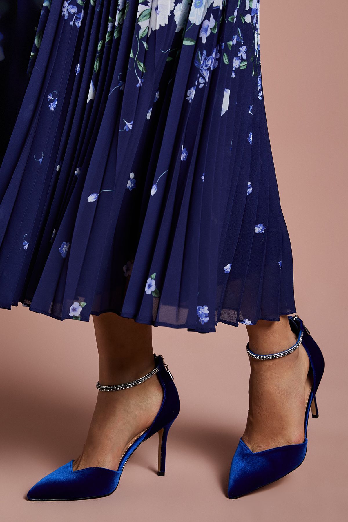 Coast Sicily Velvet Diamante Ankle Strap Pointed Court Shoes Blue image 2