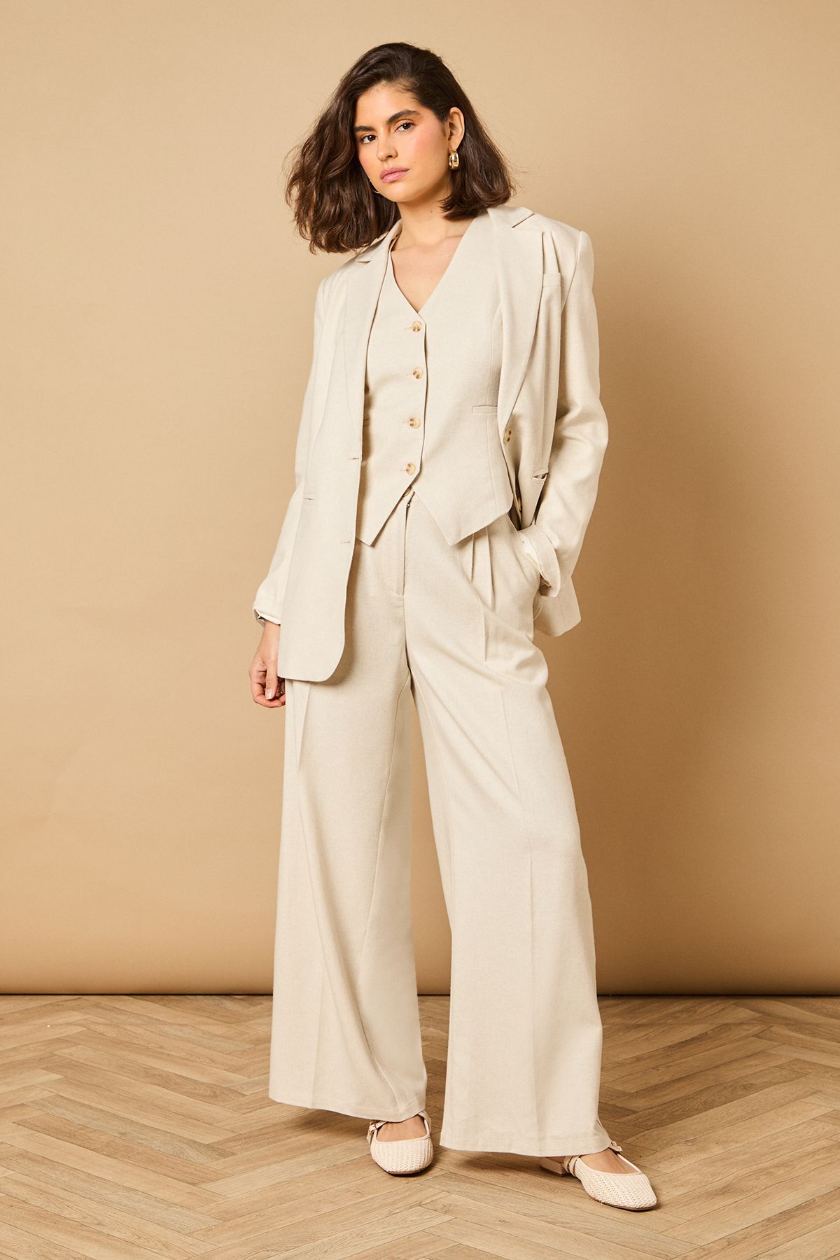 Oasis Linen Wide Leg Tailored Trouser Neutral image 1