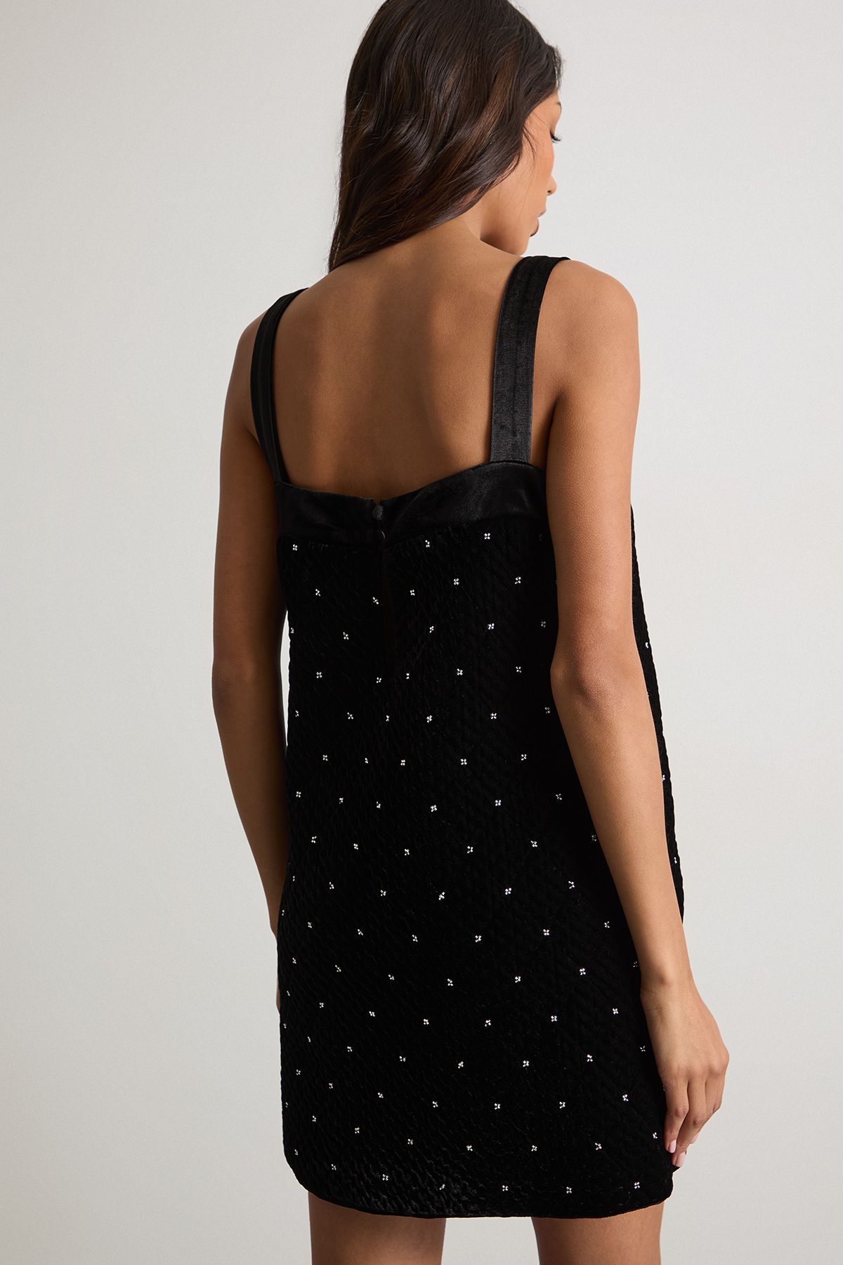 Warehouse Embellished Quilted Velvet Pinafore Dress Black image 3