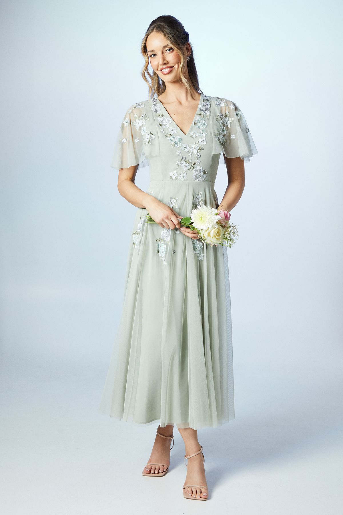 Coast Spring Floral Embroidered Mesh Bridesmaid Midi Dress Sage image 1