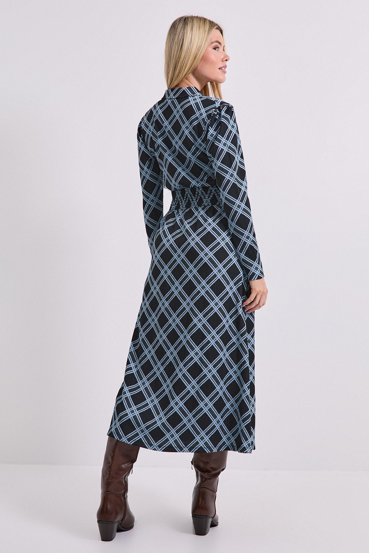 Dorothy Perkins Gingham Collared Shirred Back Long Sleeve Jersey Midi Dress Gingham image 3