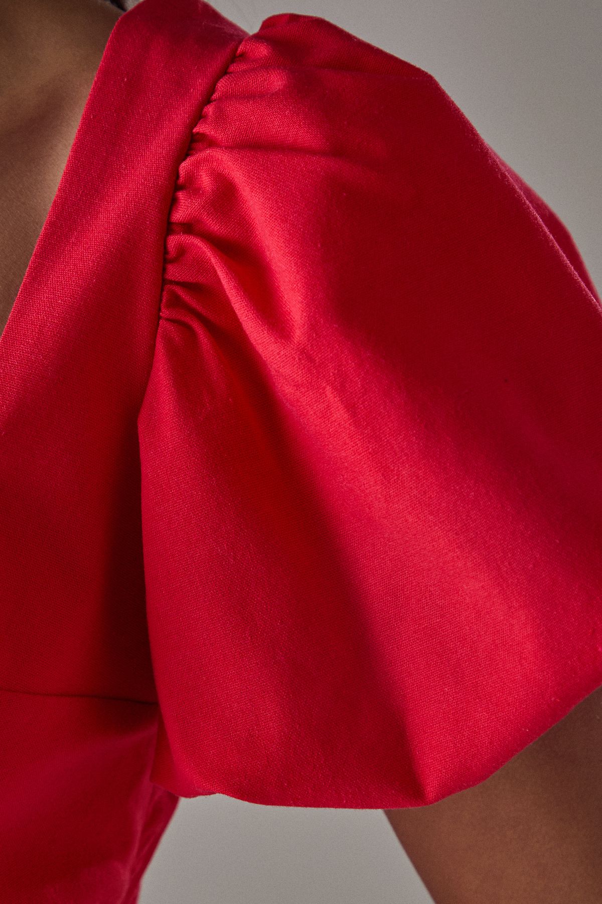 Warehouse HCD Linen Square Neck Puff Sleeve Mini Dress Red image 5