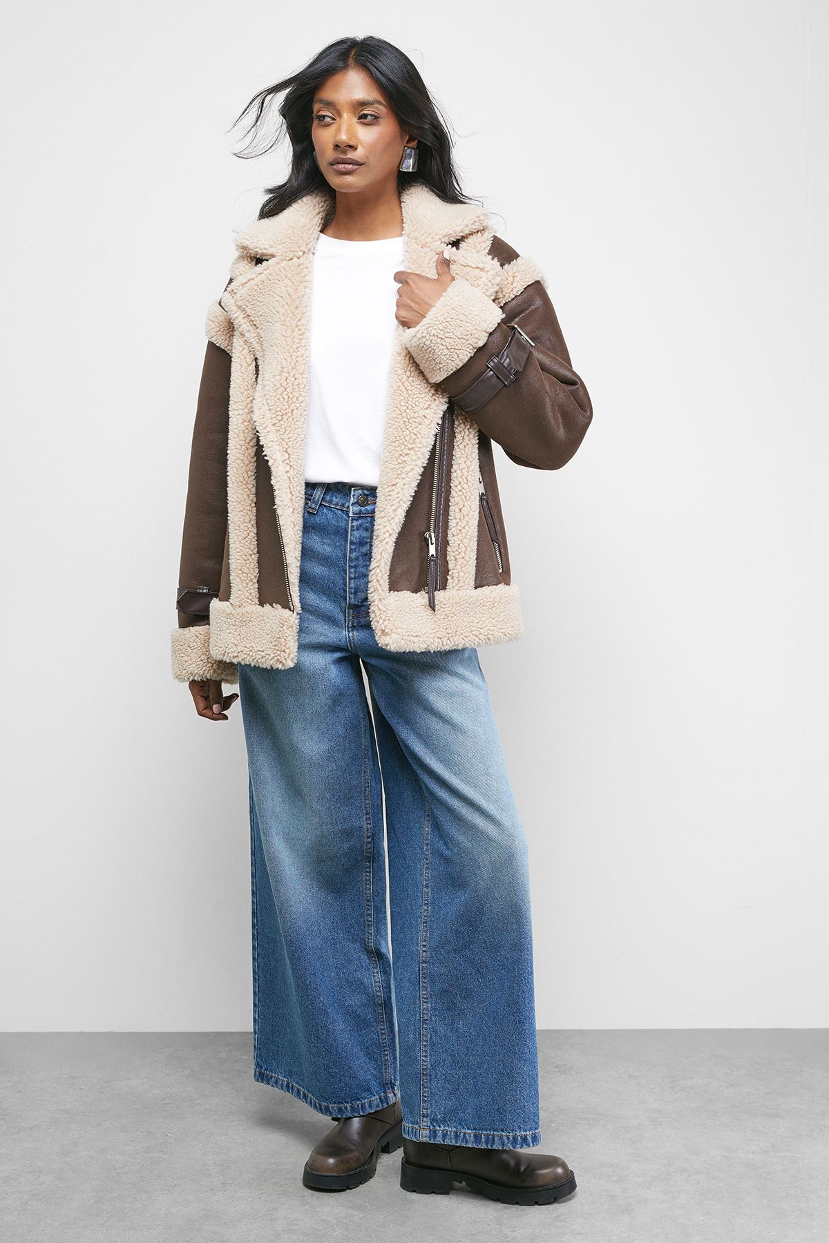 Warehouse Wool Lined Shearling Biker Jacket Chocolate image 2