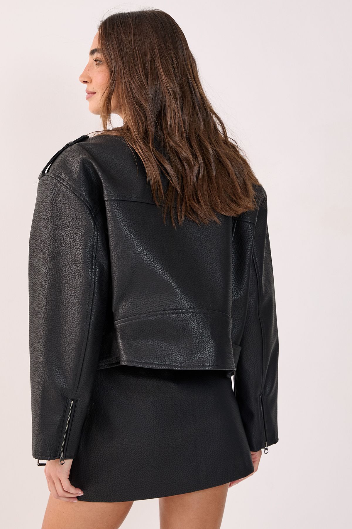 NastyGal Textured Belted Cropped Faux Leather Biker Jacket Black image 4