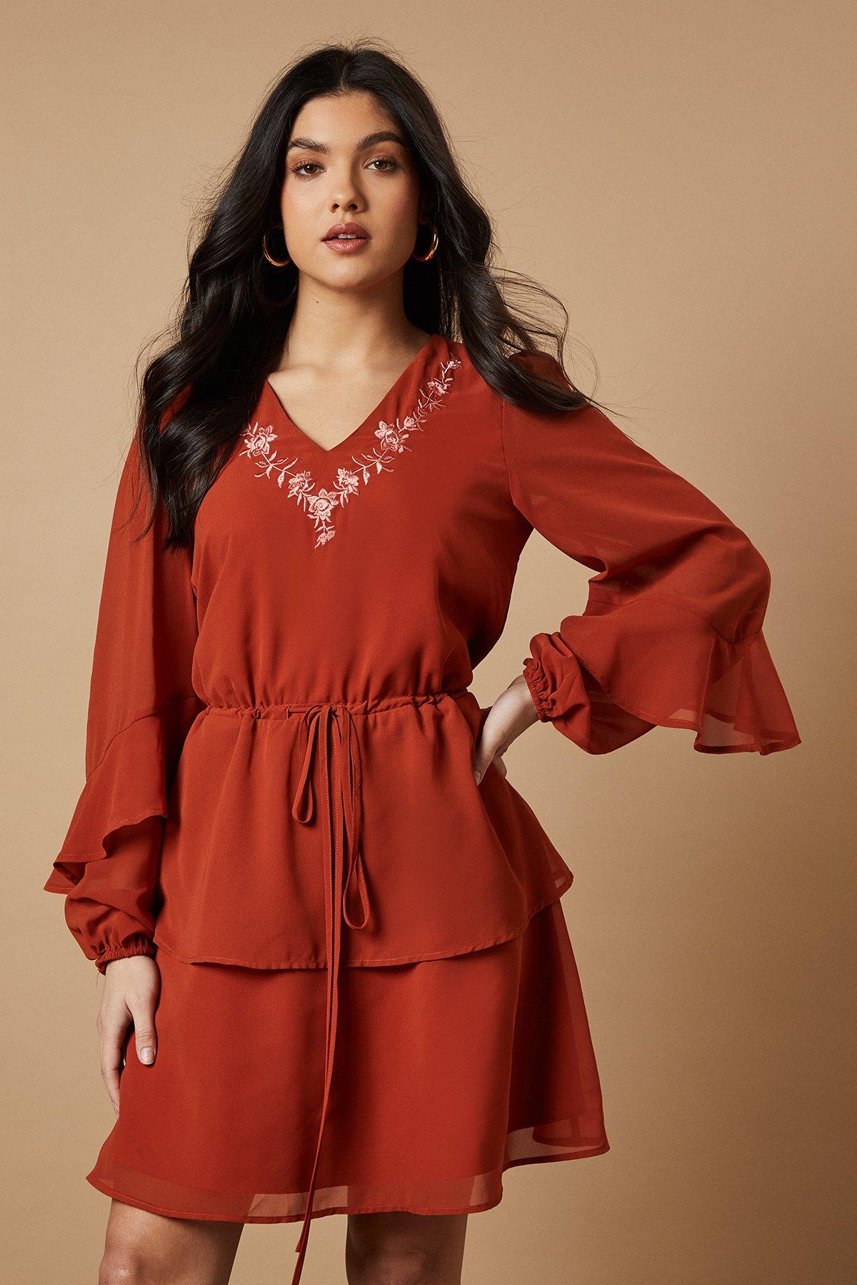 Oasis Embroidered Ruffle Tier Mini Dress Rust image 1