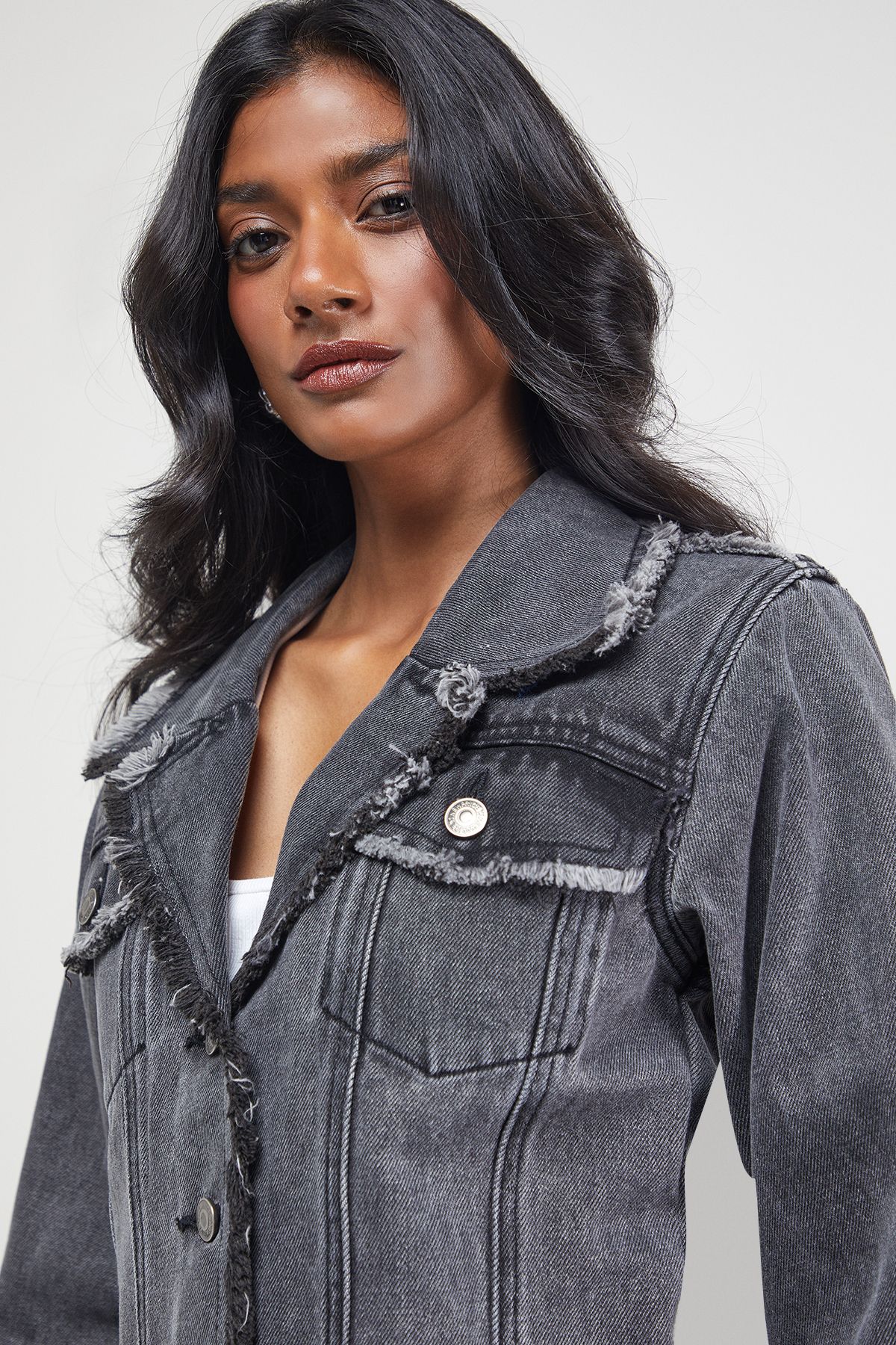 Warehouse Front Fitted Denim Jacket With Frayed Hem Grey image 4