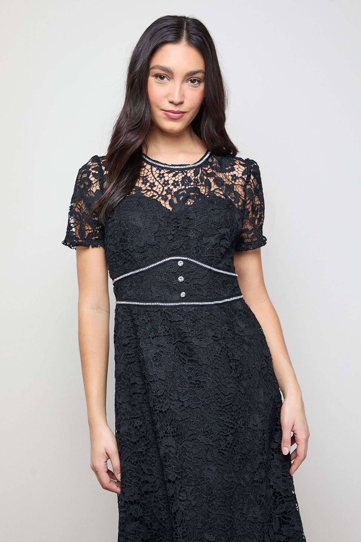 Oasis Lace Diamonte Trim Tea Dress Black image 2