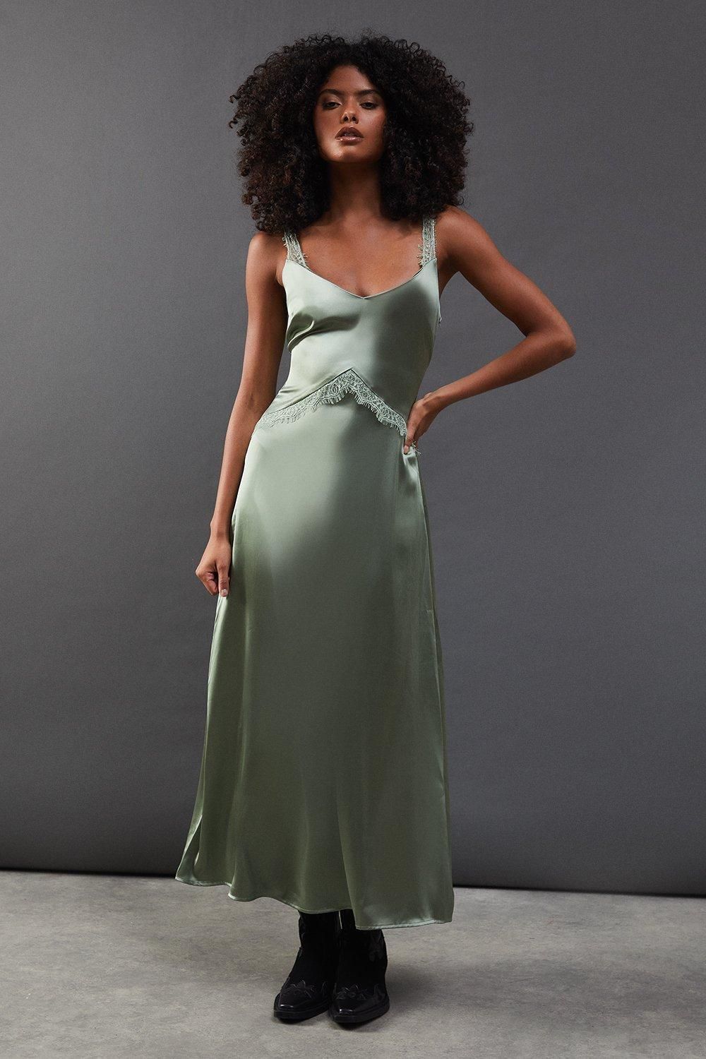 Warehouse Lace Panelling Satin Midi Dress Olive image 1