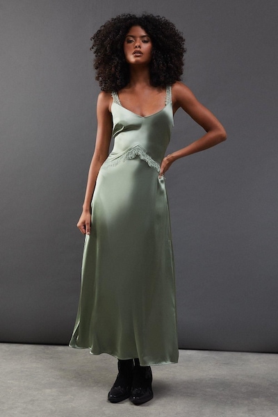 Warehouse Lace Panelling Satin Midi Dress Olive