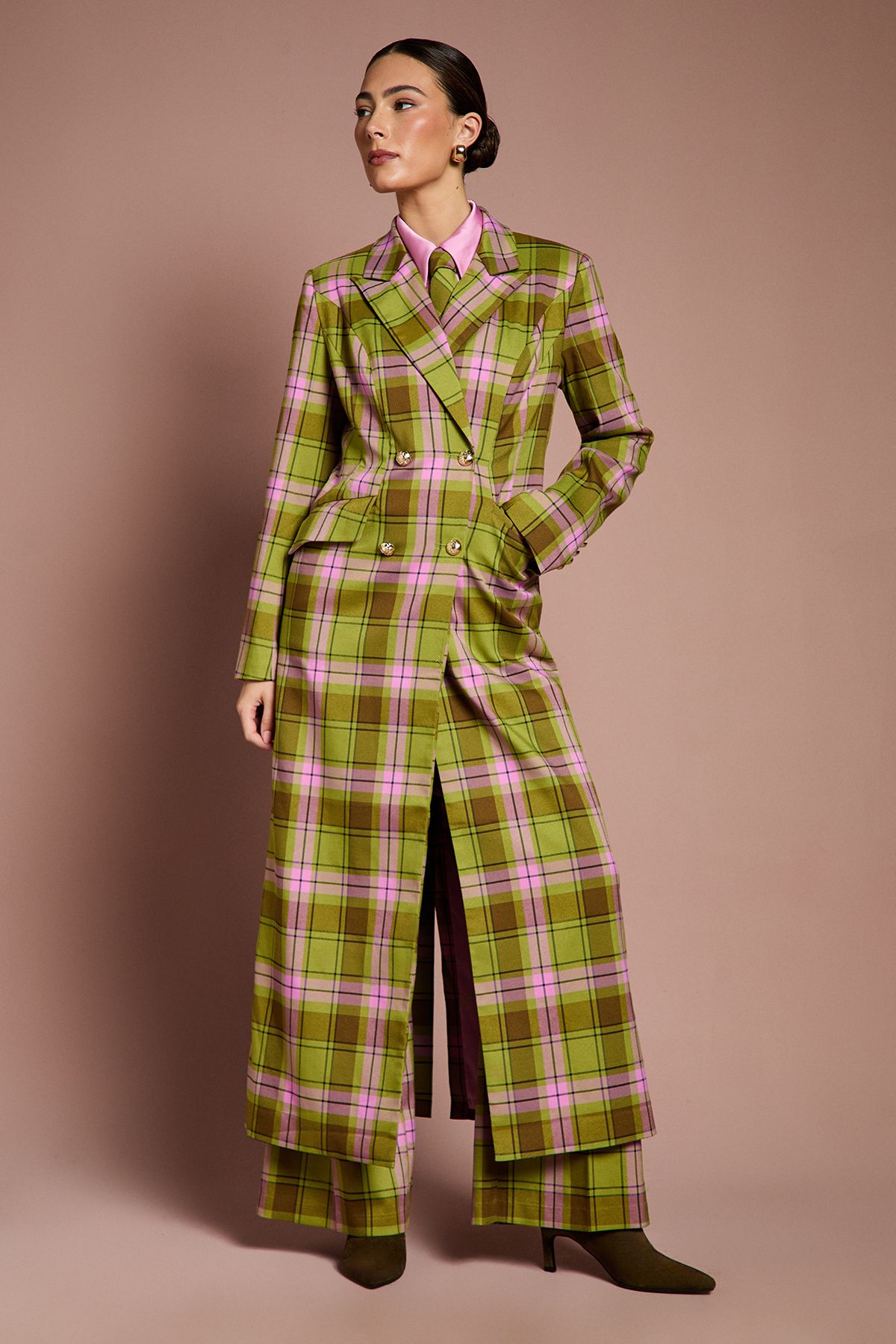 Coast Lisa Tan Check Double Breasted Formal Coat Green image 4