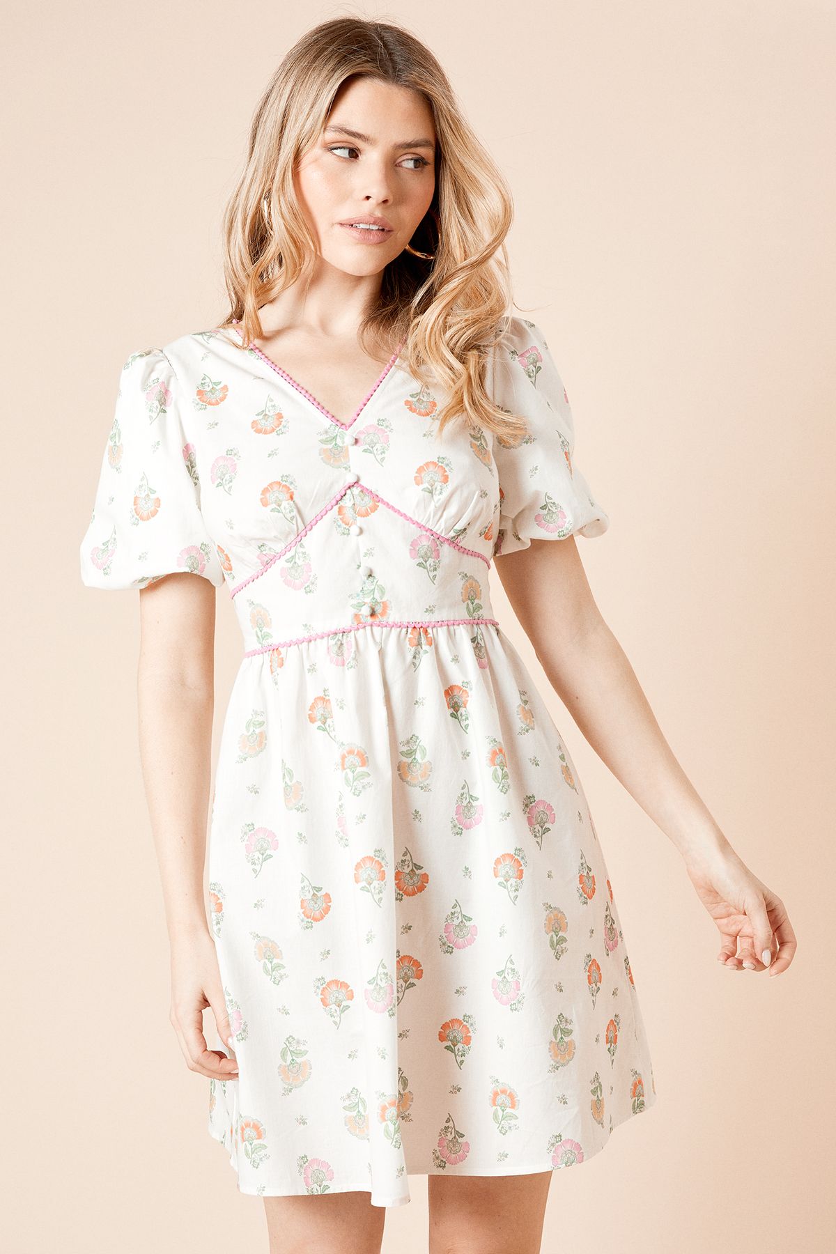 Dorothy Perkins Trim Detail Puff Sleeve Mini Dress Floral image 2