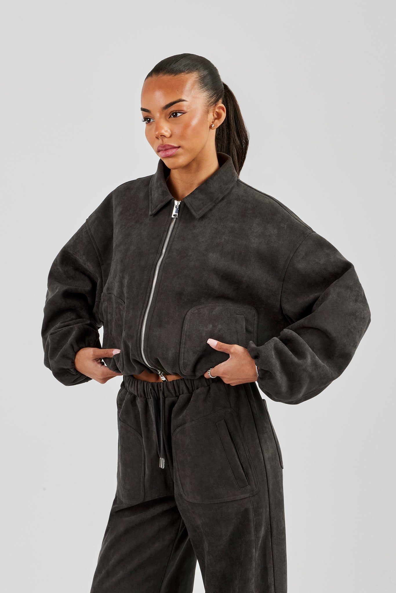 Cernucci Suede Collared Bomber Jacket - Charcoal image 2