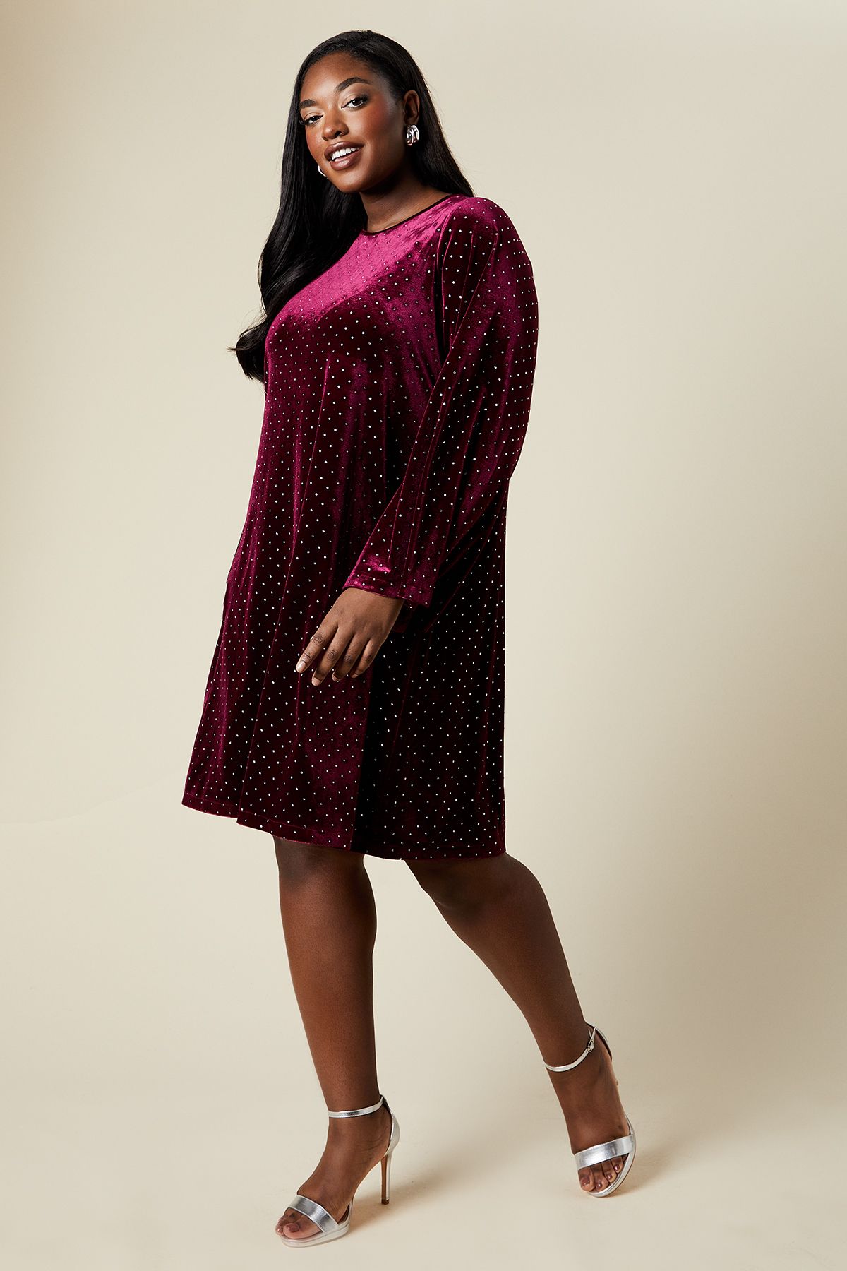 Dorothy Perkins Curve Bow Back Swing Mini Dress Velvet Diamante Berry image 4