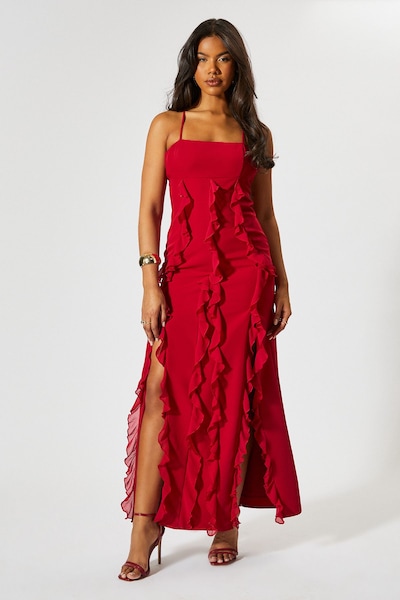 MissPap Square Neck Frill Low Back Maxi Dress Red