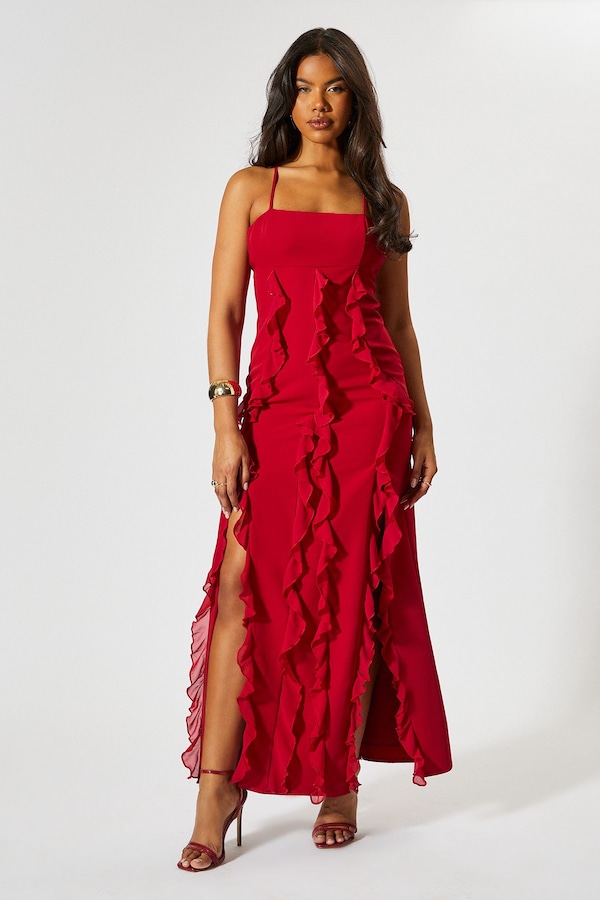 MissPap Square Neck Frill Low Back Maxi Dress Red