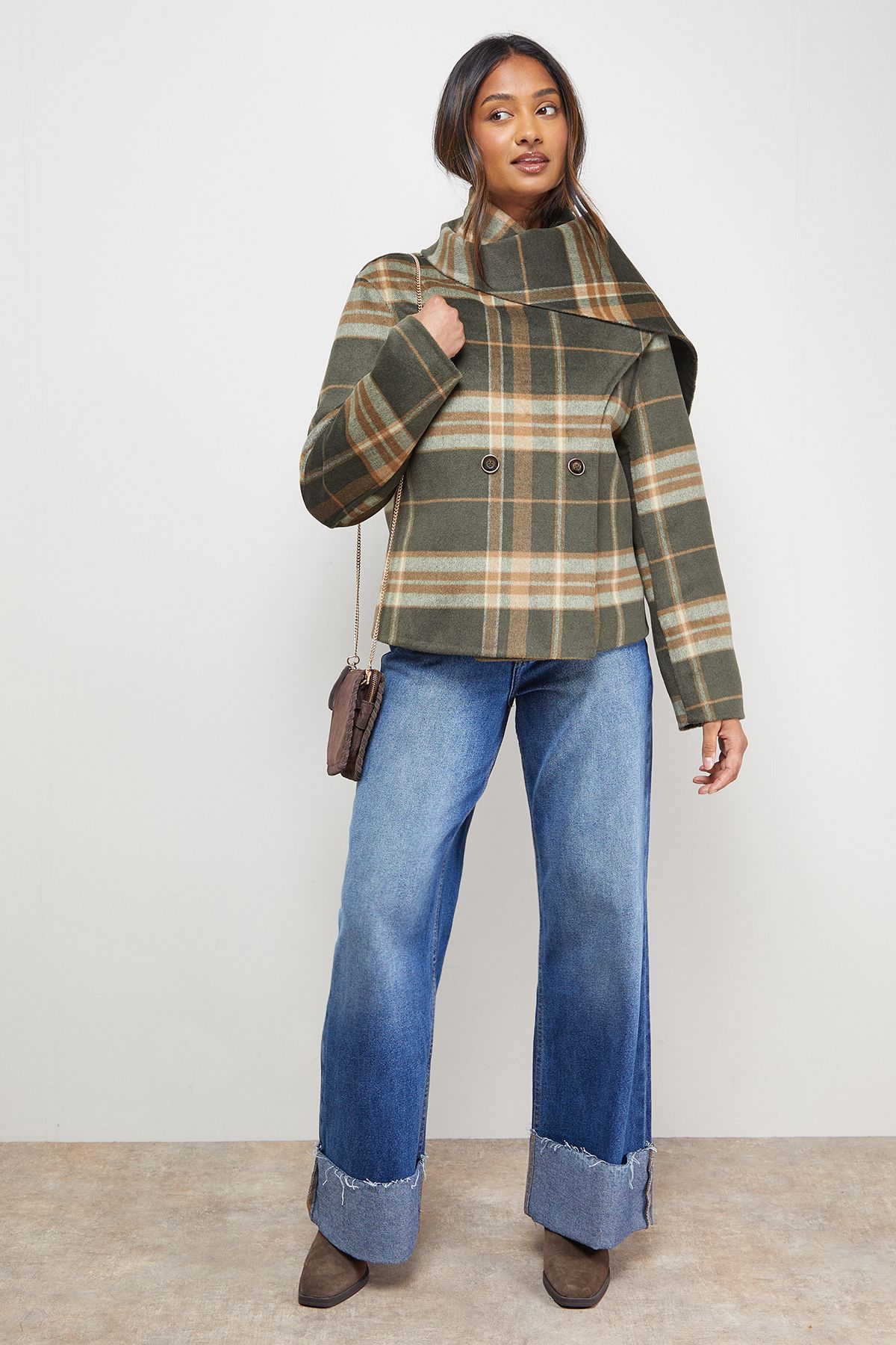 Oasis Check Scarf Longline Jacket Coat Taupe image 2