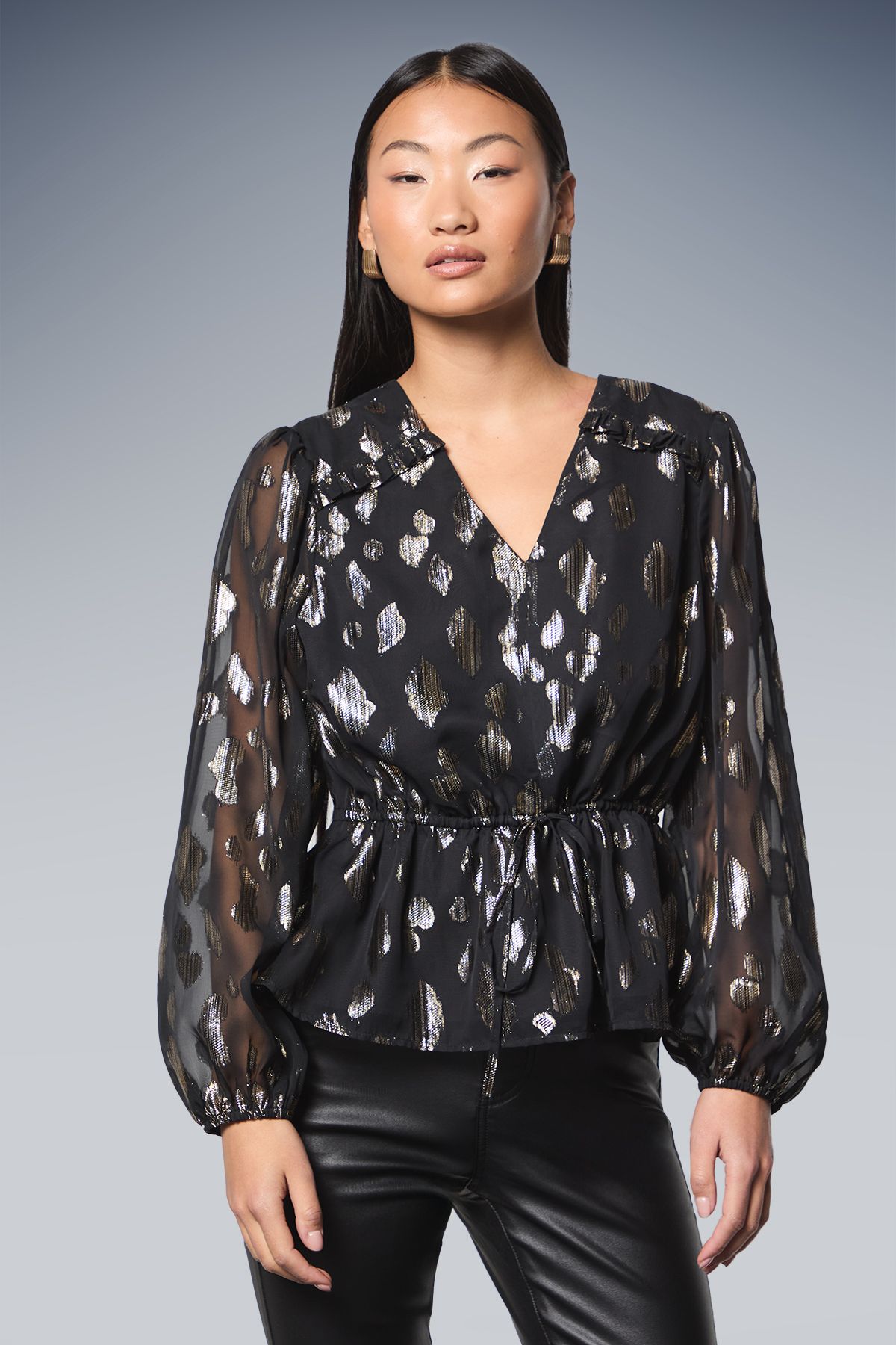 Dorothy Perkins Petite DP Luxe Drawstring Waist Frill Detail Long Sleeve Blouse Black