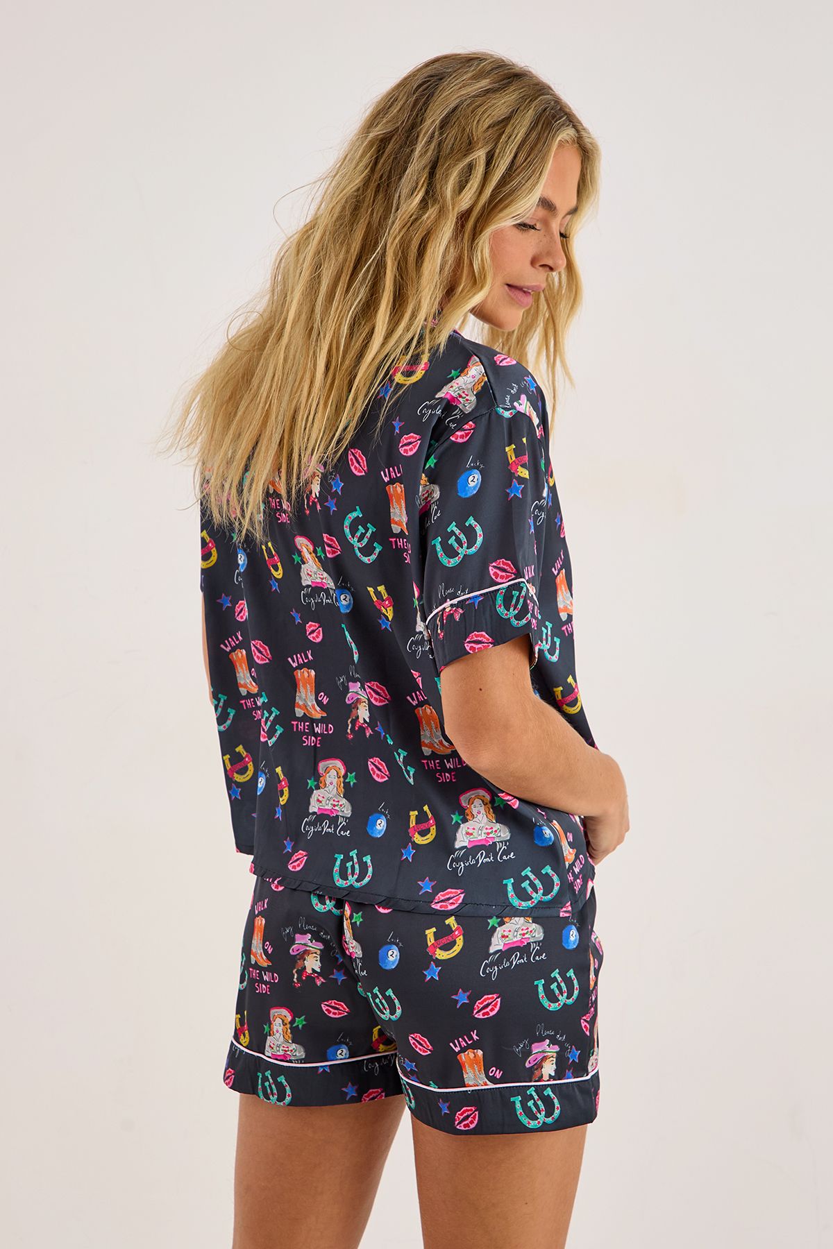 NastyGal Satin Western Conversational Contrast Piped Pajama Shorts Set Black image 4