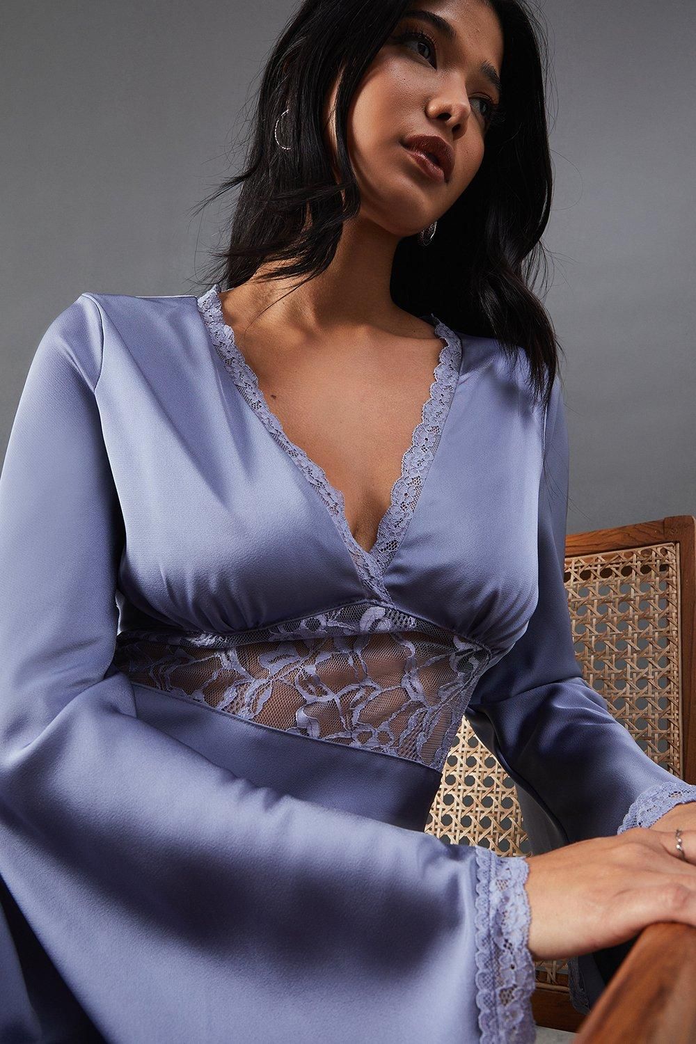 Warehouse Satin Lace Insert Flute Sleeve Midi Dress Denim-blue image 2