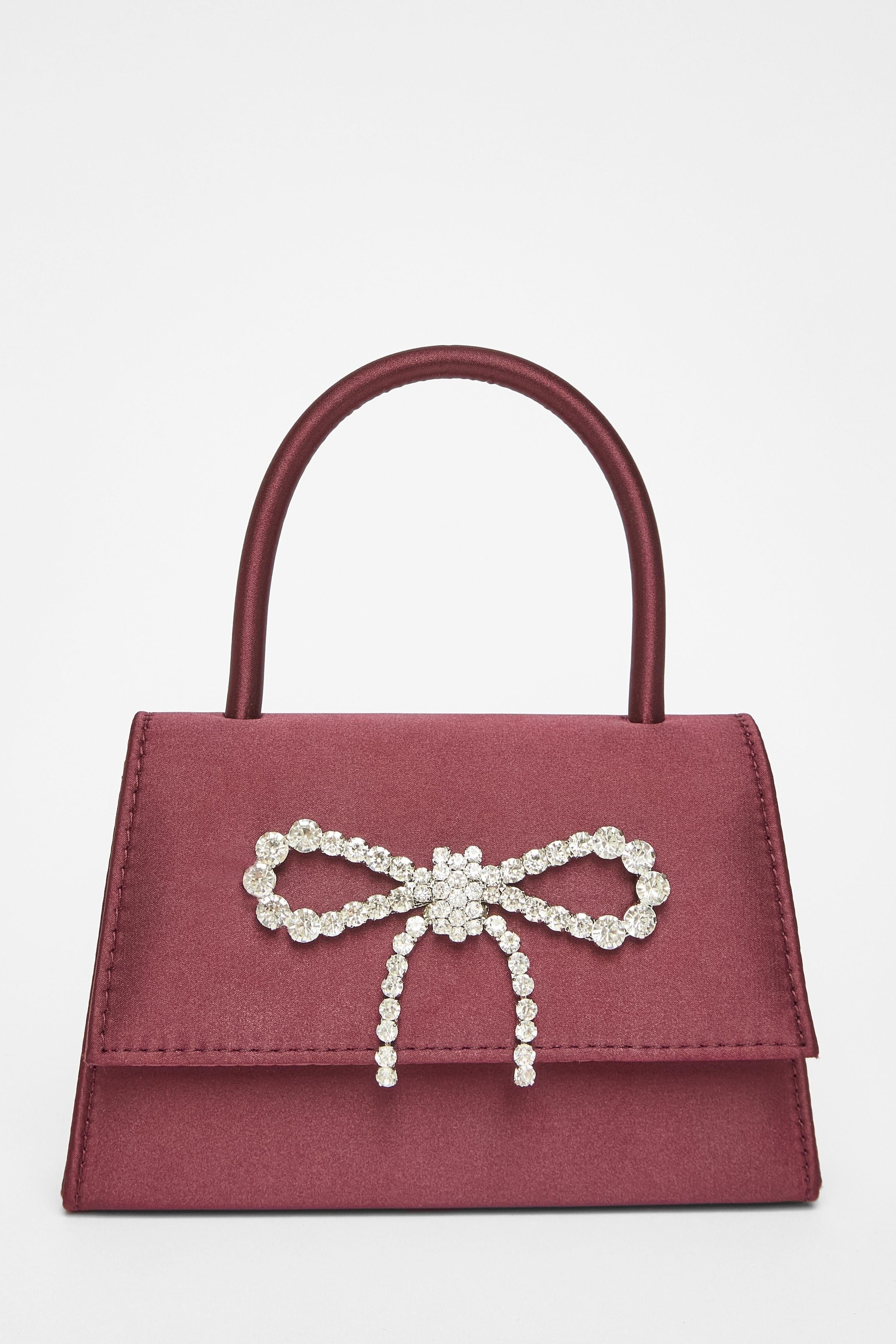 Quiz Burgundy Diamante Bow Top Handle Bag image 3
