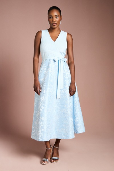 Coast Bandage Bodice Midi Dress with Jacquard Skirt Light Blue