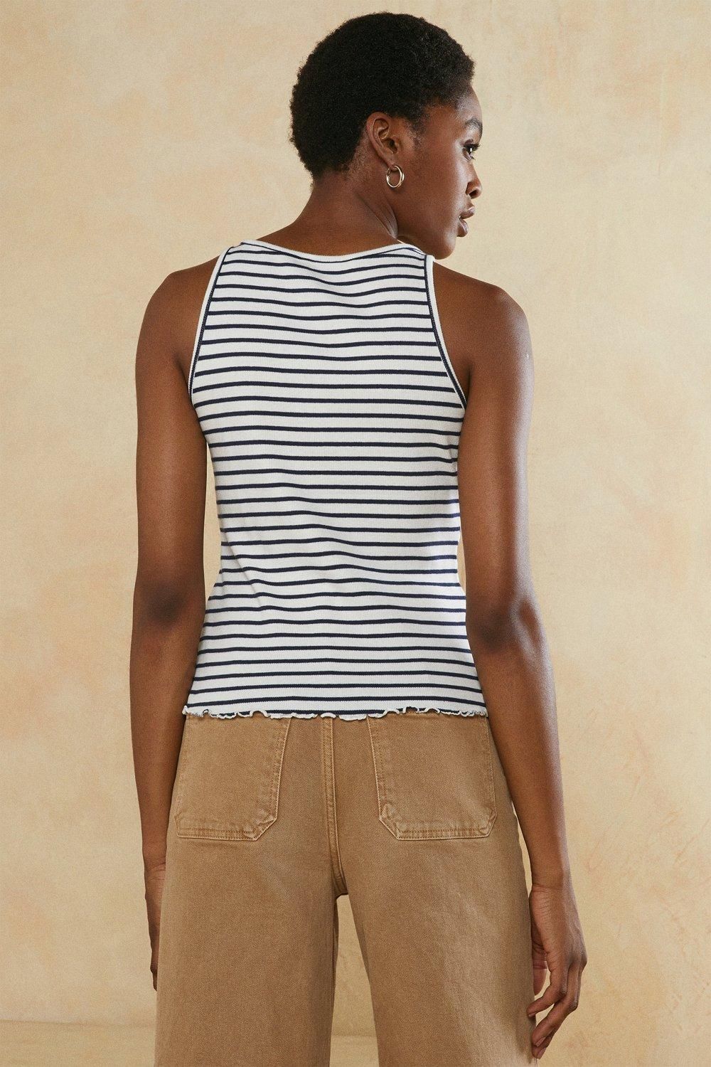 Oasis Cotton Stripe Rib Scoop Neck Vest Navy image 3