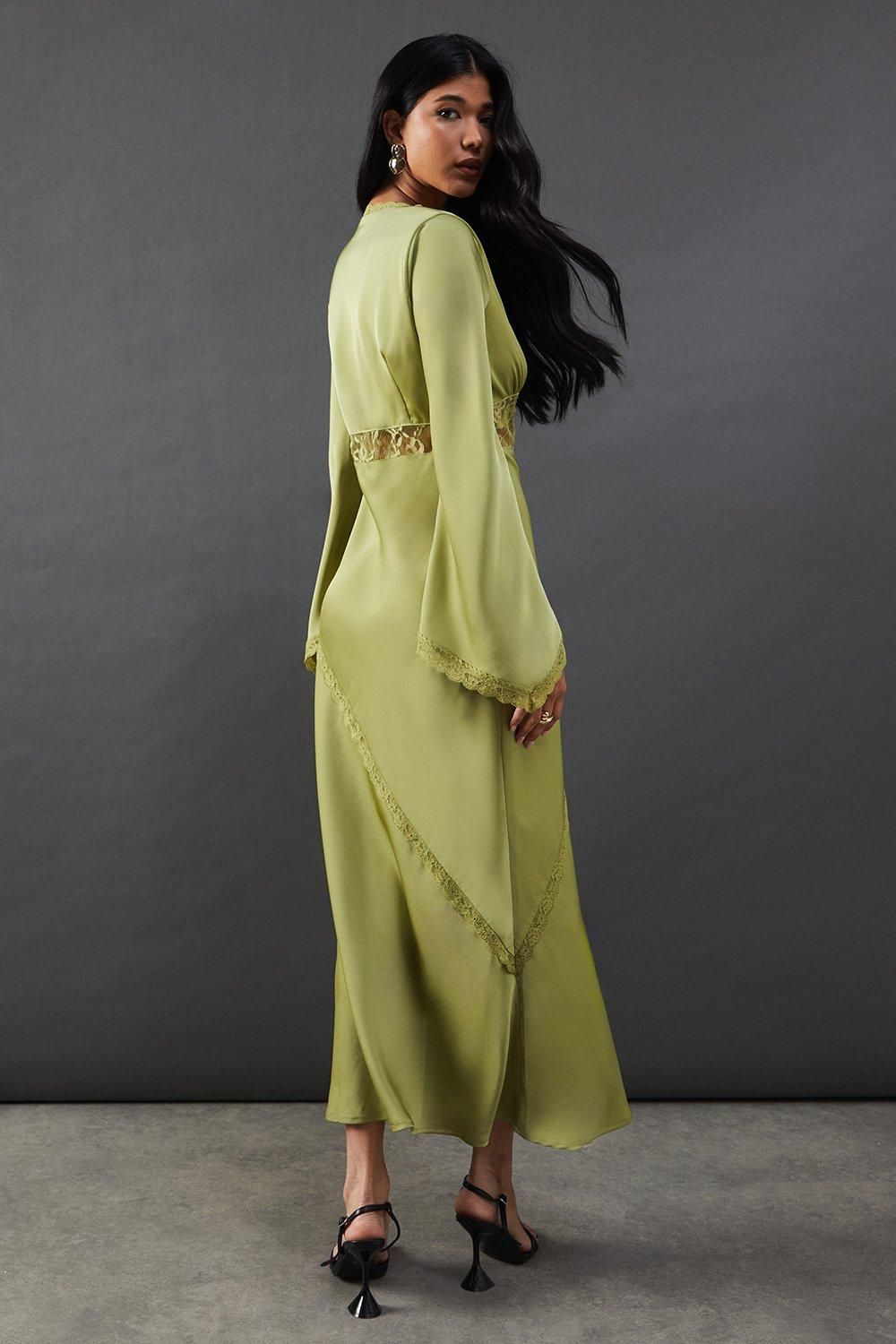 Warehouse Satin Lace Insert Flute Sleeve Midi Dress Olive image 3