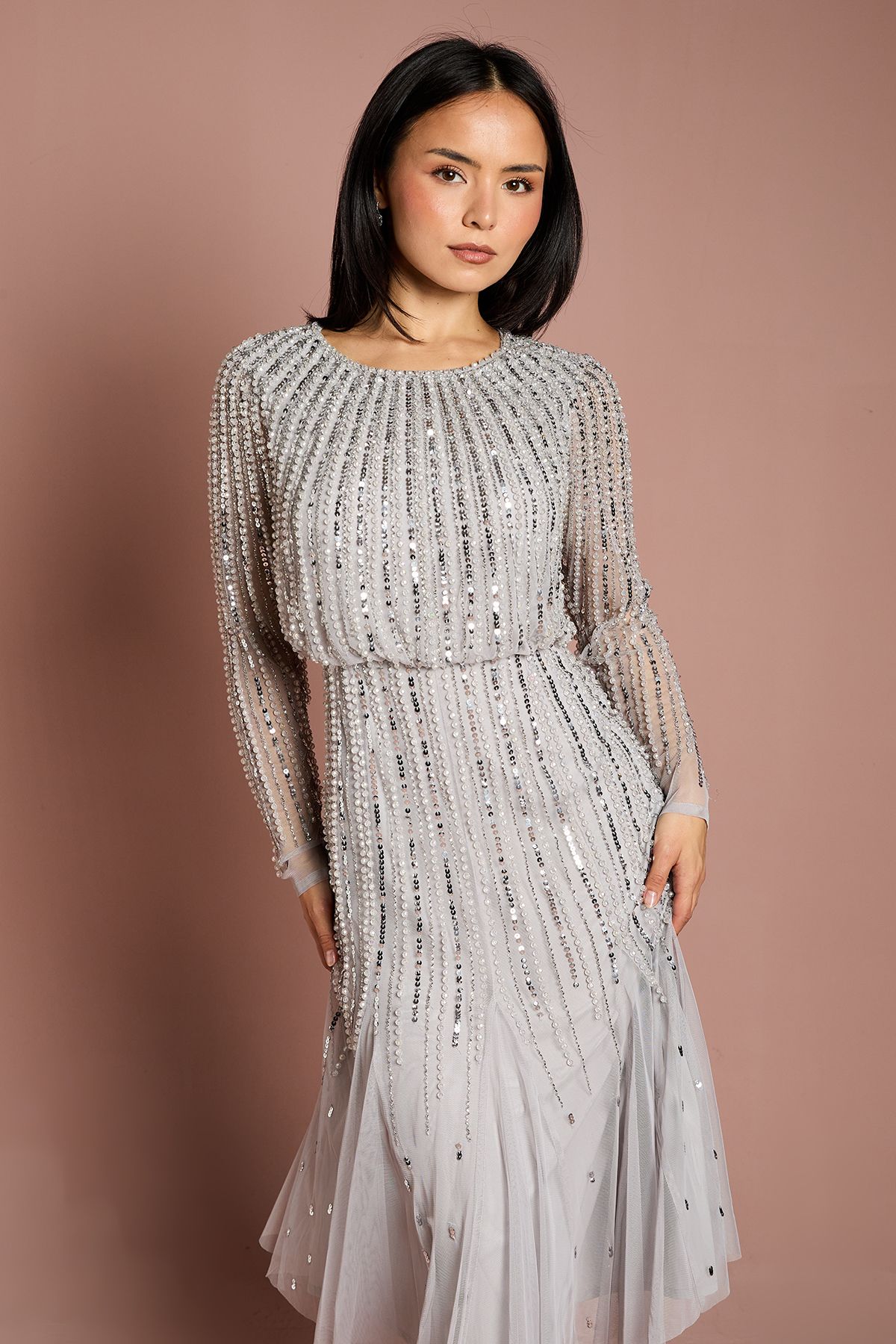 Coast Petite Party Sequin Long Sleeve Midi Dress Grey Mist image 4