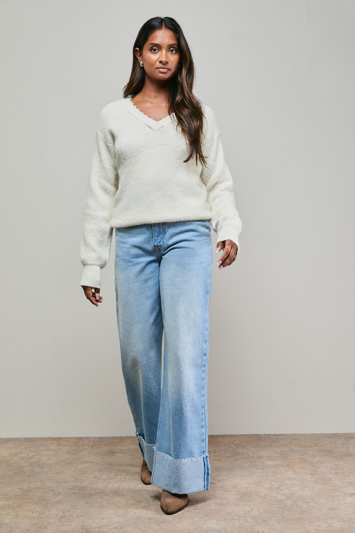 Oasis Pearl Detail Ribbed Jumper Ivory image 4