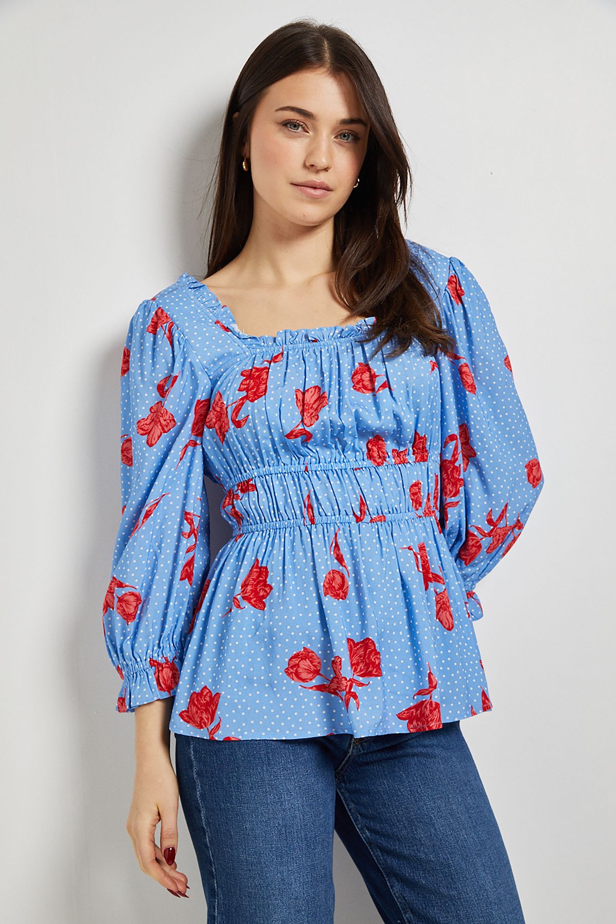 Dorothy Perkins Blue Floral Square Neck Blouson Sleeve Top Blue
