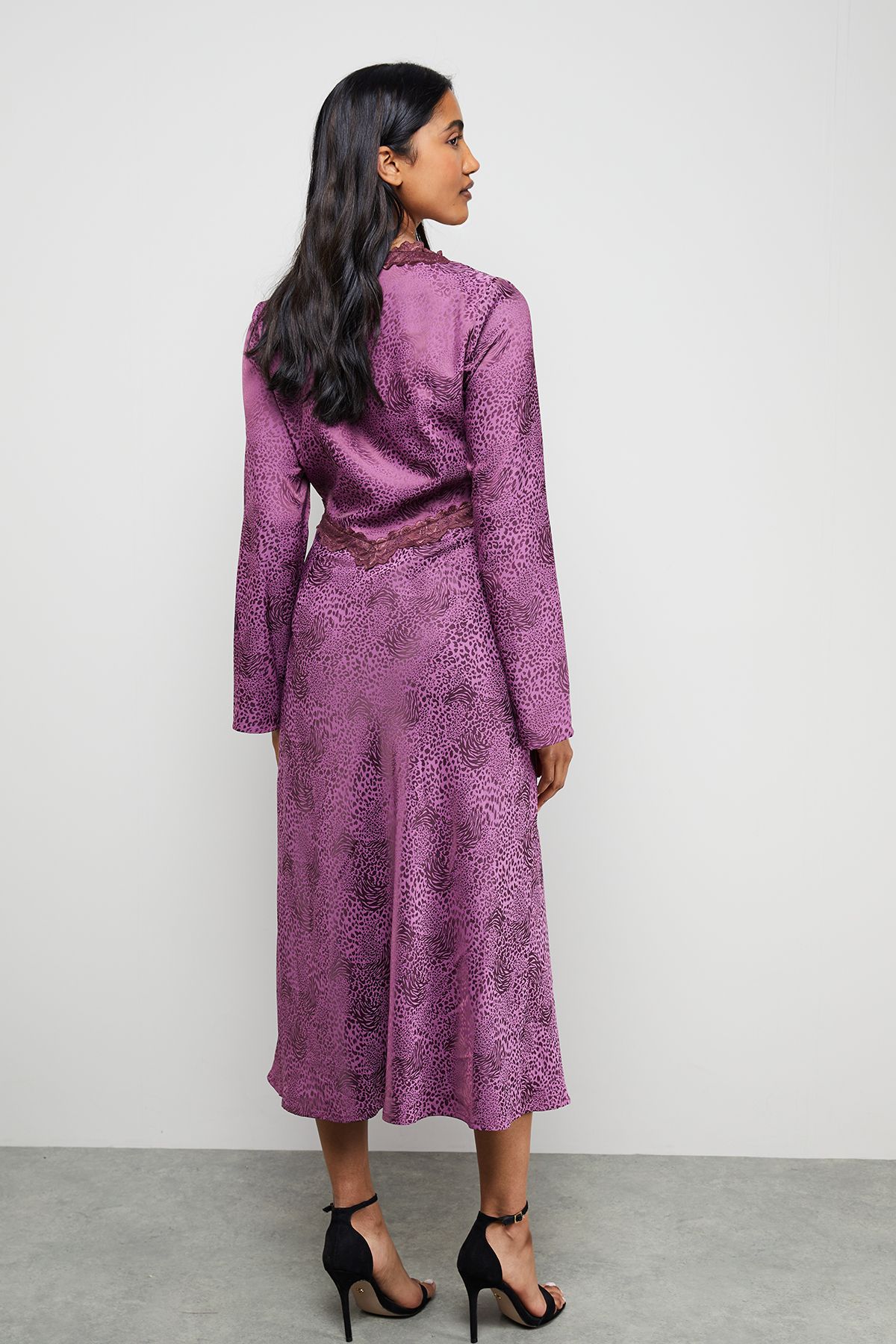 Warehouse Satin Jacquard Lace Insert Godet Midi Dress Animal image 3