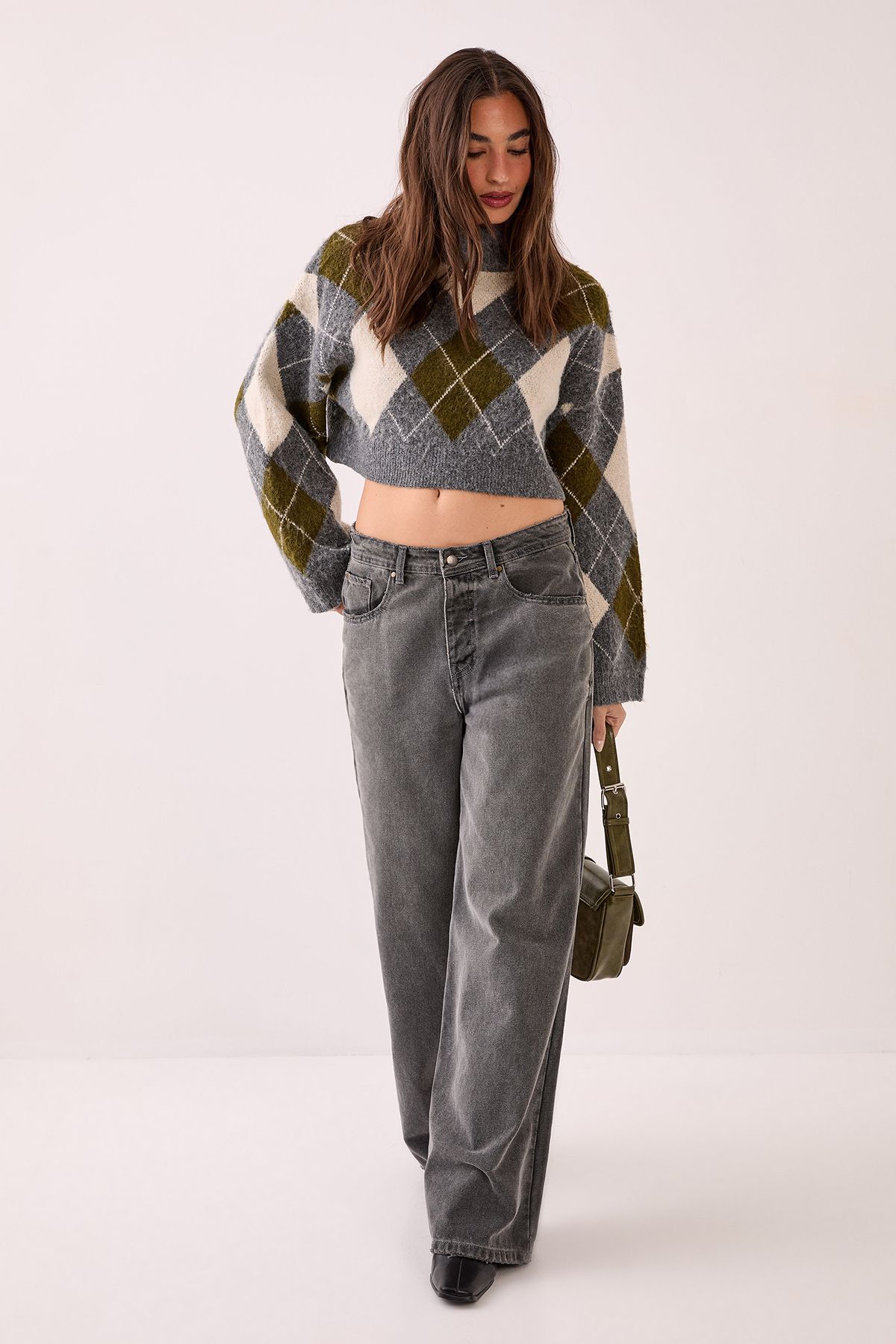 NastyGal Brushed Argyle Turtleneck Boxy Cropped Jumper Grey image 2