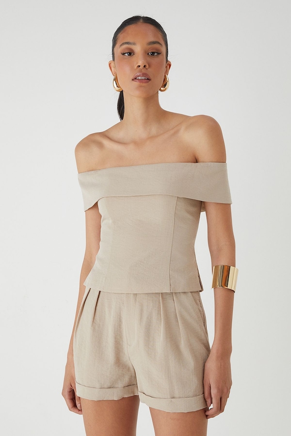 MissPap Linen Look Bardot Fold Over Top Stone