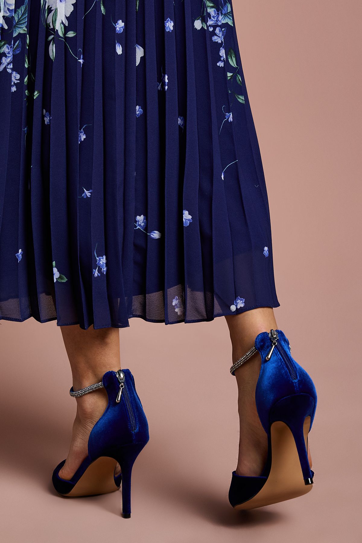 Coast Sicily Velvet Diamante Ankle Strap Pointed Court Shoes Blue image 4