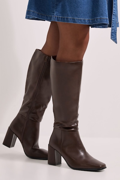 Dorothy Perkins Kristen Faux Leather Square Toe High Heel Knee Boots Brown