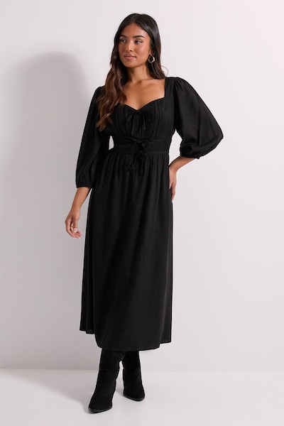 Dorothy Perkins Petite Shirred Bodice Tie Detail Sweetheart Midi Dress Black