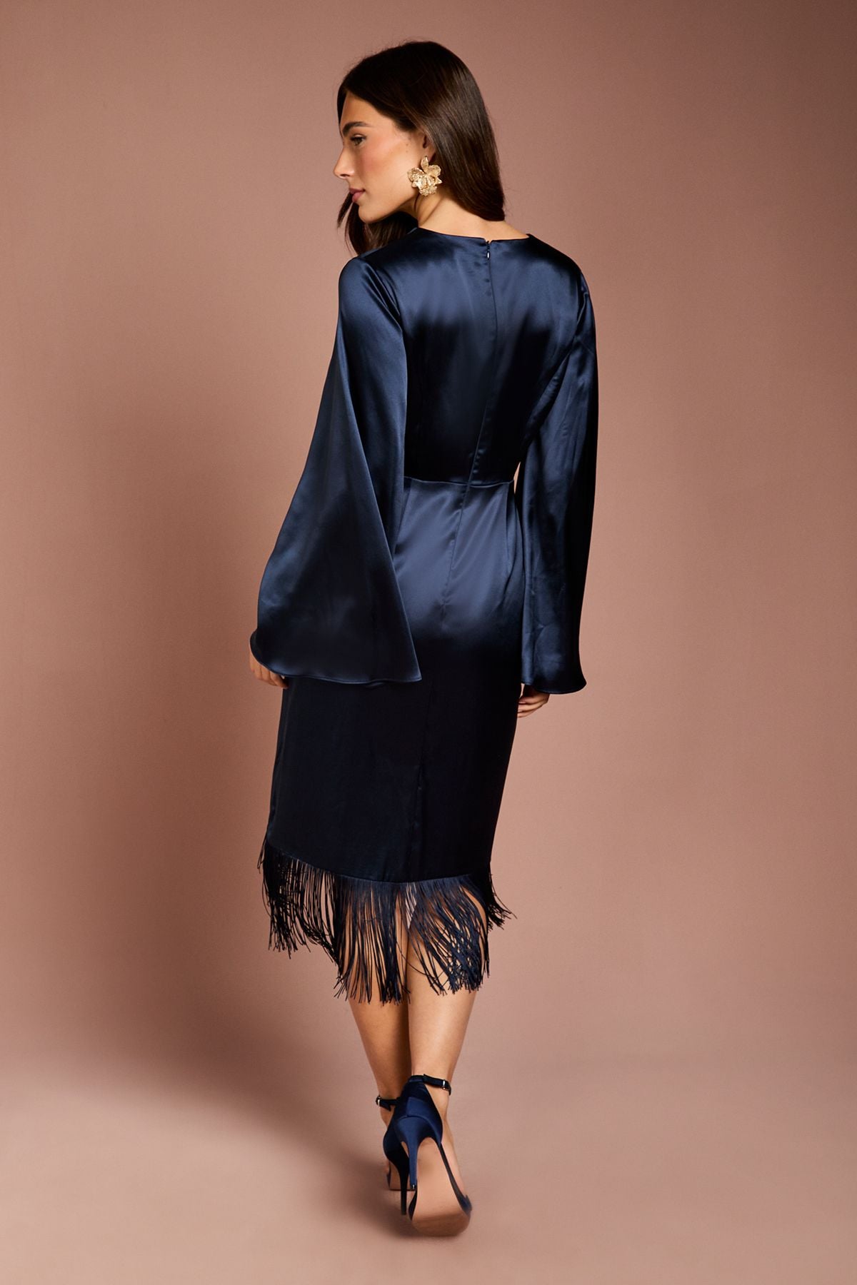 Coast Satin Fringe Hem Wrap Waist Midi Dress Navy image 3