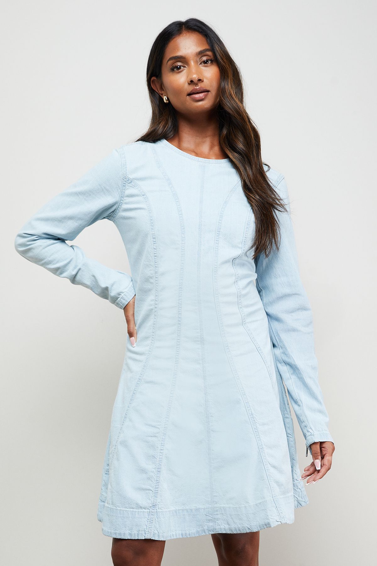 Oasis Denim Long Sleeved Skater Skirt Mini Dress Mid Wash image 2