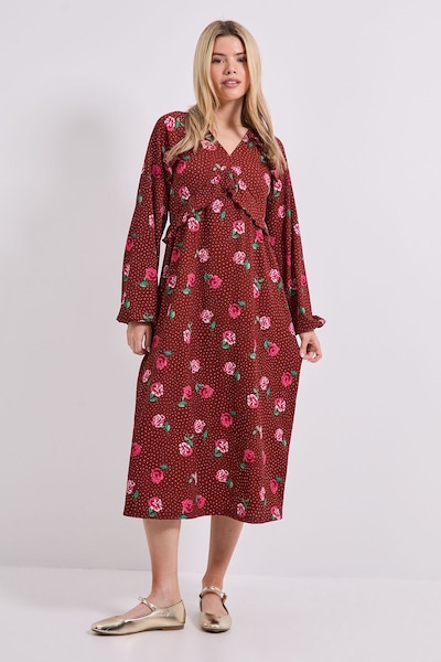 Dorothy Perkins Floral Empire Seam Frill Detail Jersey Midi Dress Burgundy