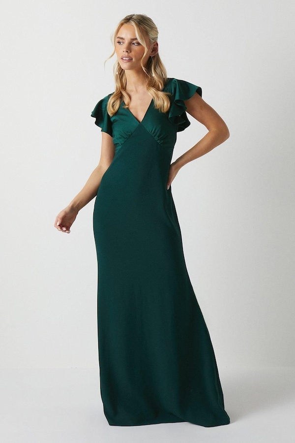 Coast Coast Honoured Petite V Neck Angel Short Sleeve Satin Maxi Bridesmaid Dress Emerald
