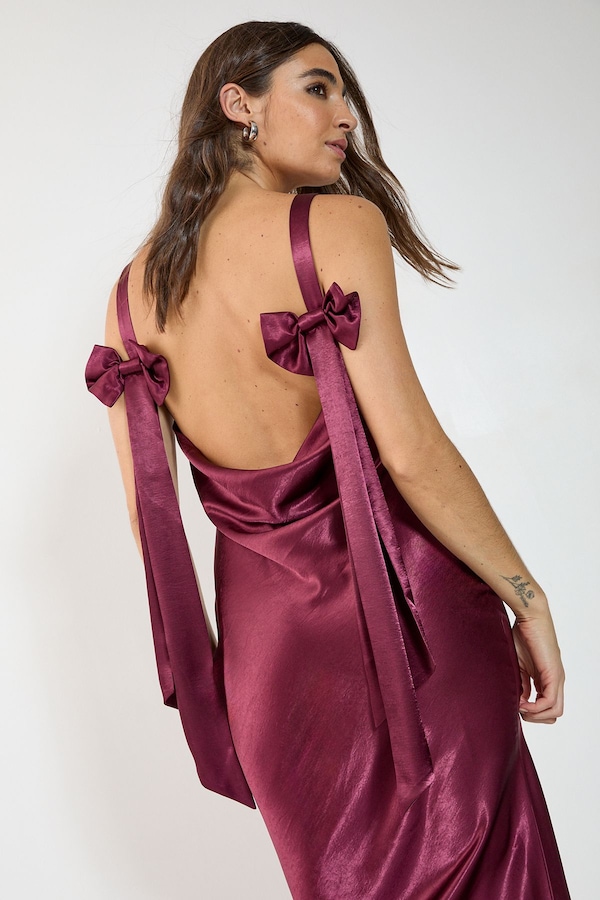 NastyGal Satin Cowl Back Bow Strap Bias Cut Maxi Dress Wine