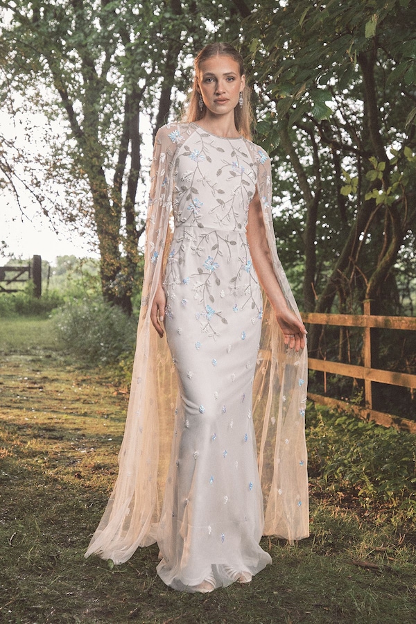 Coast Floral Embellished Cape Maxi Wedding Dress Ivory