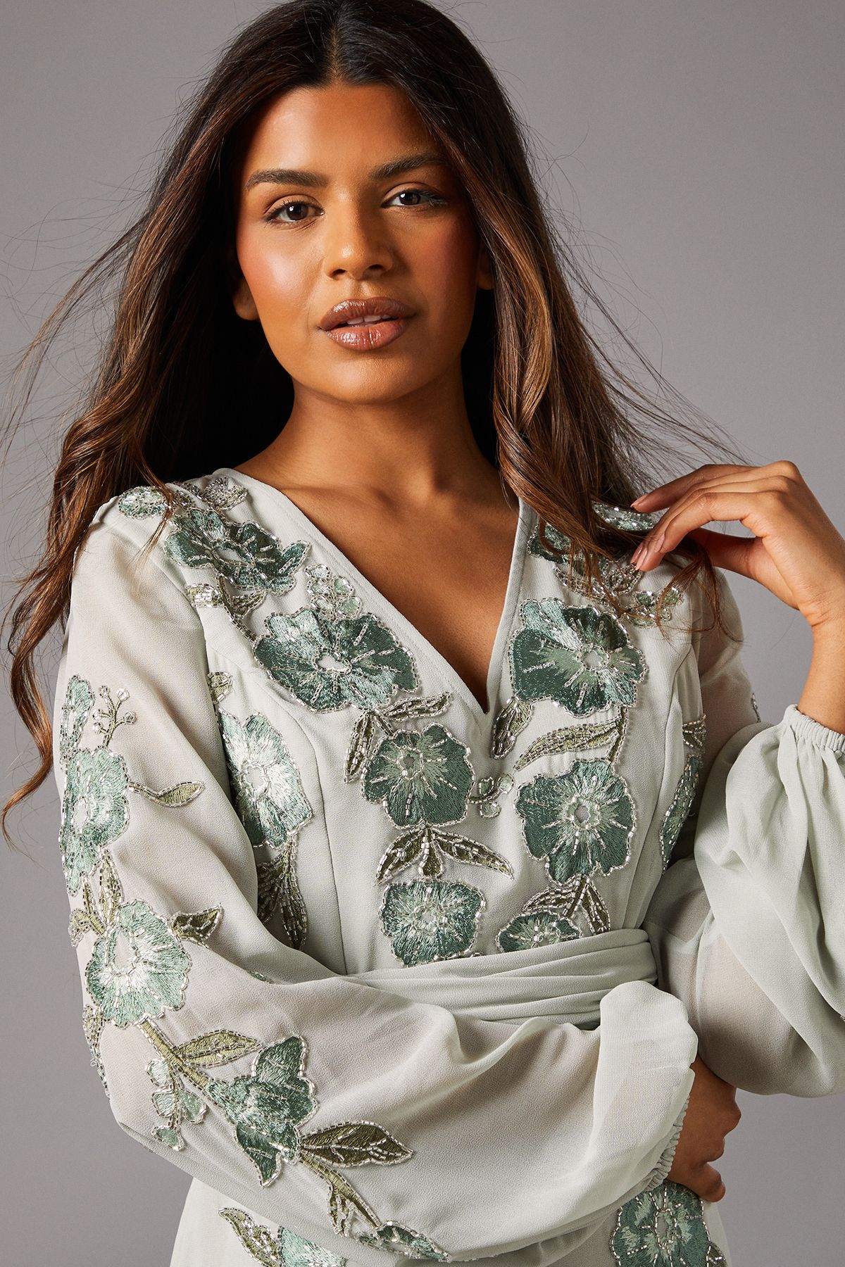 Coast Petite Sequin Embellished And Embroidered Hi-Lo Maxi Dress Sage image 3