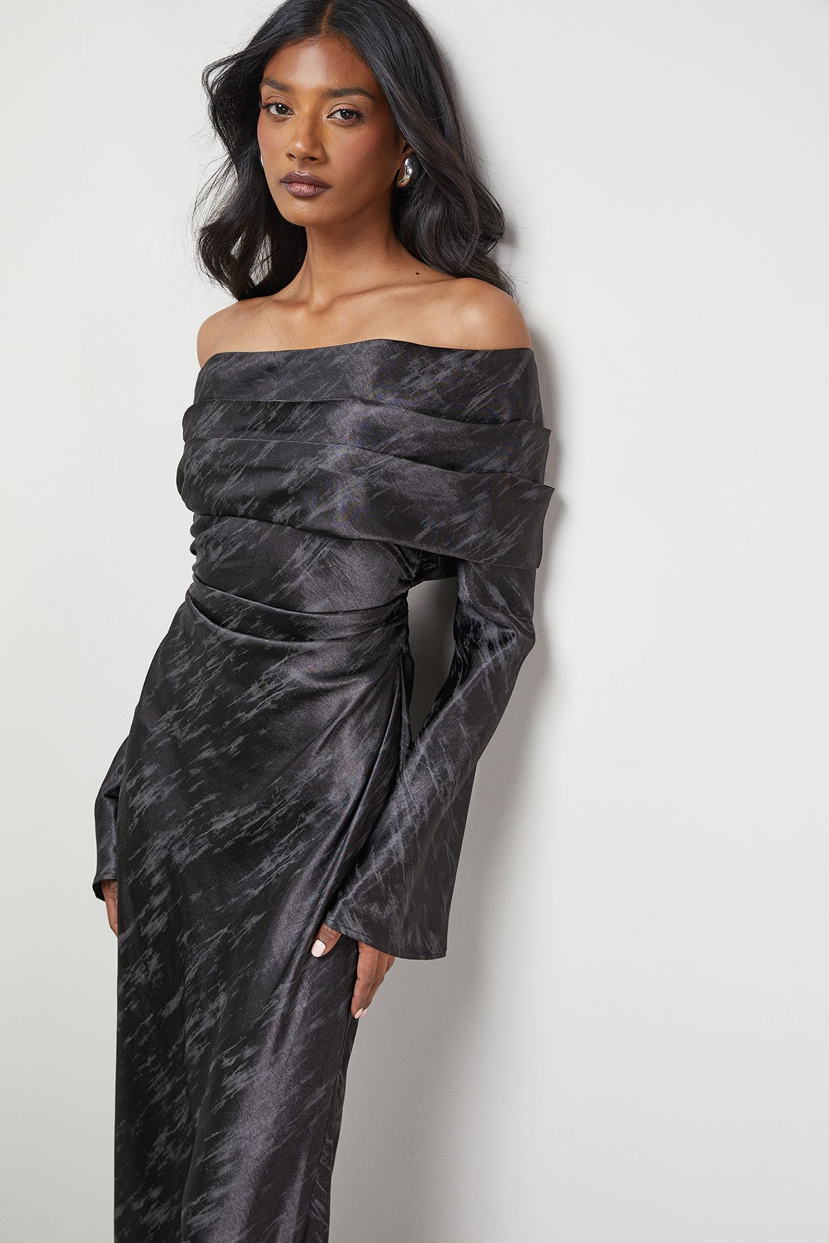 Warehouse Shimmer Satin Foldover Bardot Bias Midi Dress Black image 4