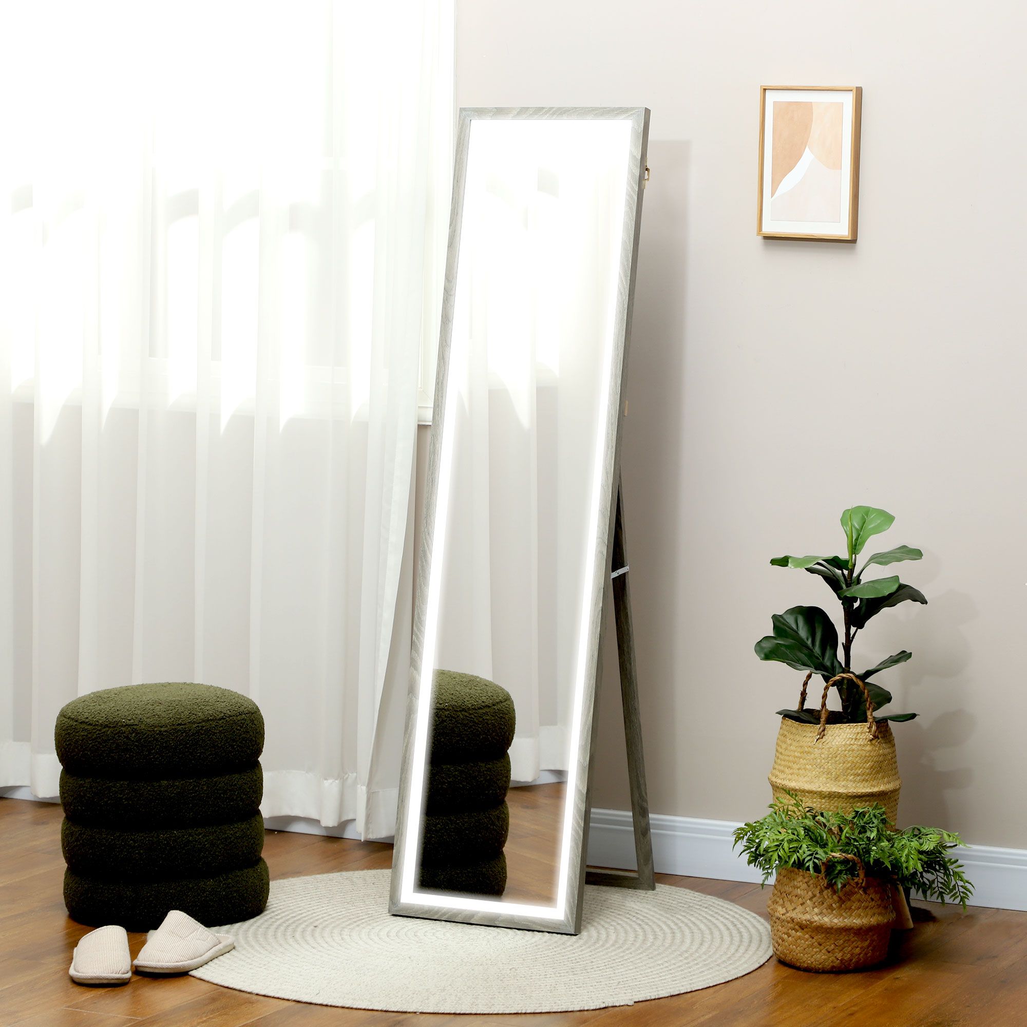 HOMCOM Dimming Full Length Mirror w/ Lights Standing Leaning Wall Mount Grey image 1