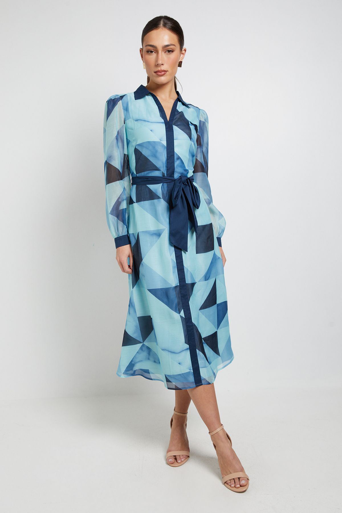 Principles Organza Volume Sleeve Midi Dress Turquoise