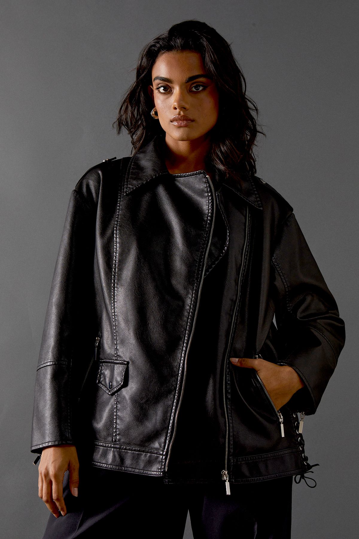 Warehouse Oversized Whipstitch Detail Leather Look Jacket Black image 1